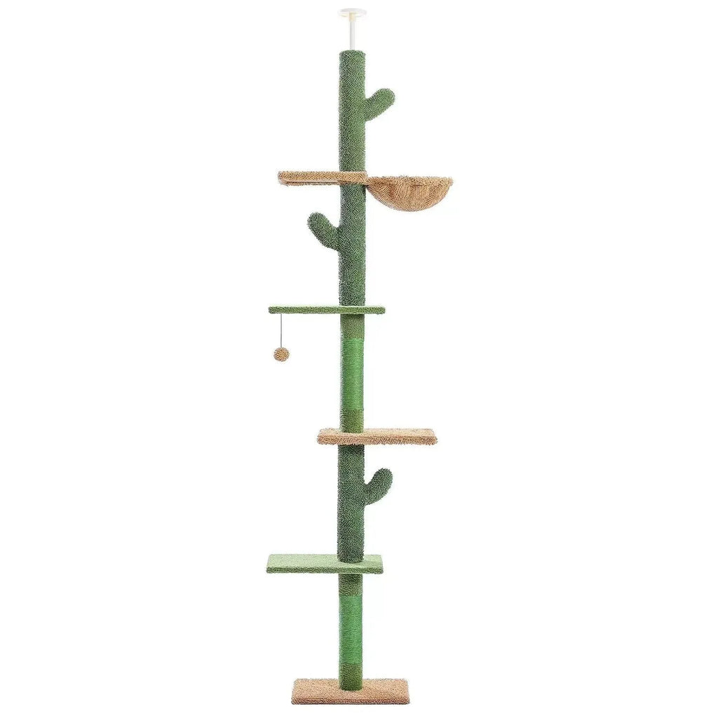 Cactus-themed cat climbing frame with integrated nest and scratch board, solid wood and density plate construction.