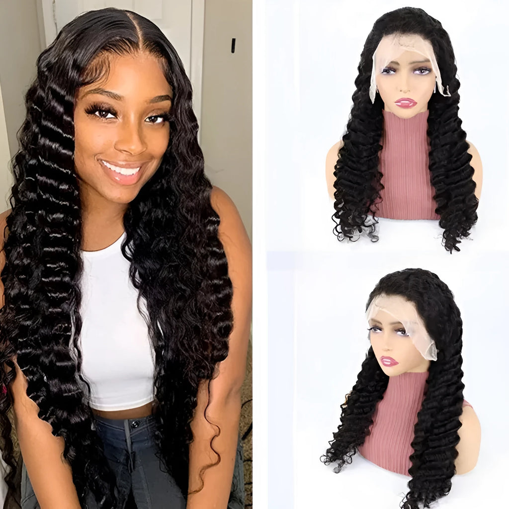 Simple solid colour half lace human hair wig shown in one of the available lengths from 18 to 34 inches.