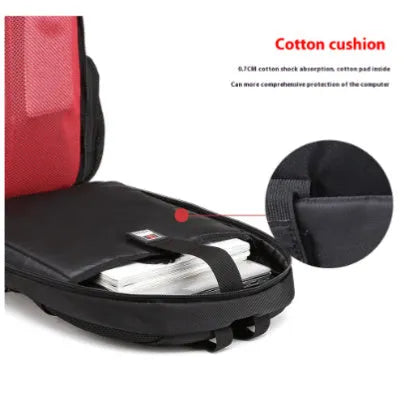 Black 16 inch Oxford cloth backpack with earphone hole, charging port, double shoulder straps and soft handle for notebook or tablet