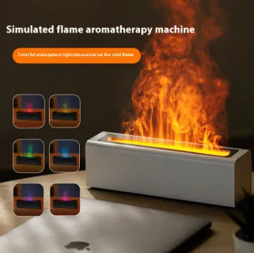 Square black and white USB aroma diffuser humidifier with colourful simulated flame lighting effect.