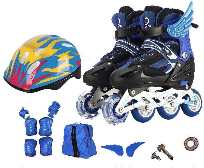 Children's adjustable roller skates with aluminium frame and PU foam wheels, shown with helmet and protective gear.
