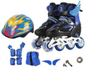Children's adjustable roller skates with aluminium frame and PU foam wheels, shown with helmet and protective gear.