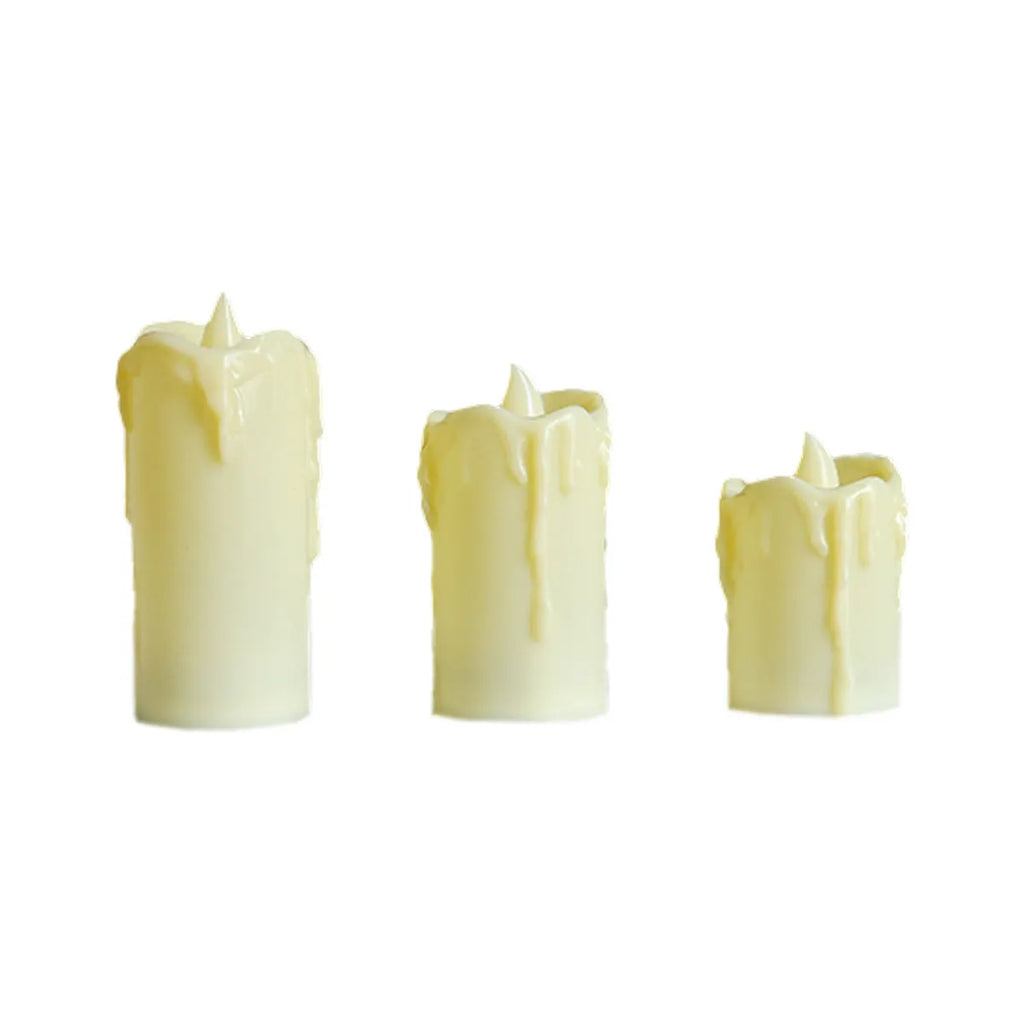LED simulation candle light set of 3, warm, PP cylindrical, white beige red, tear wave mouth