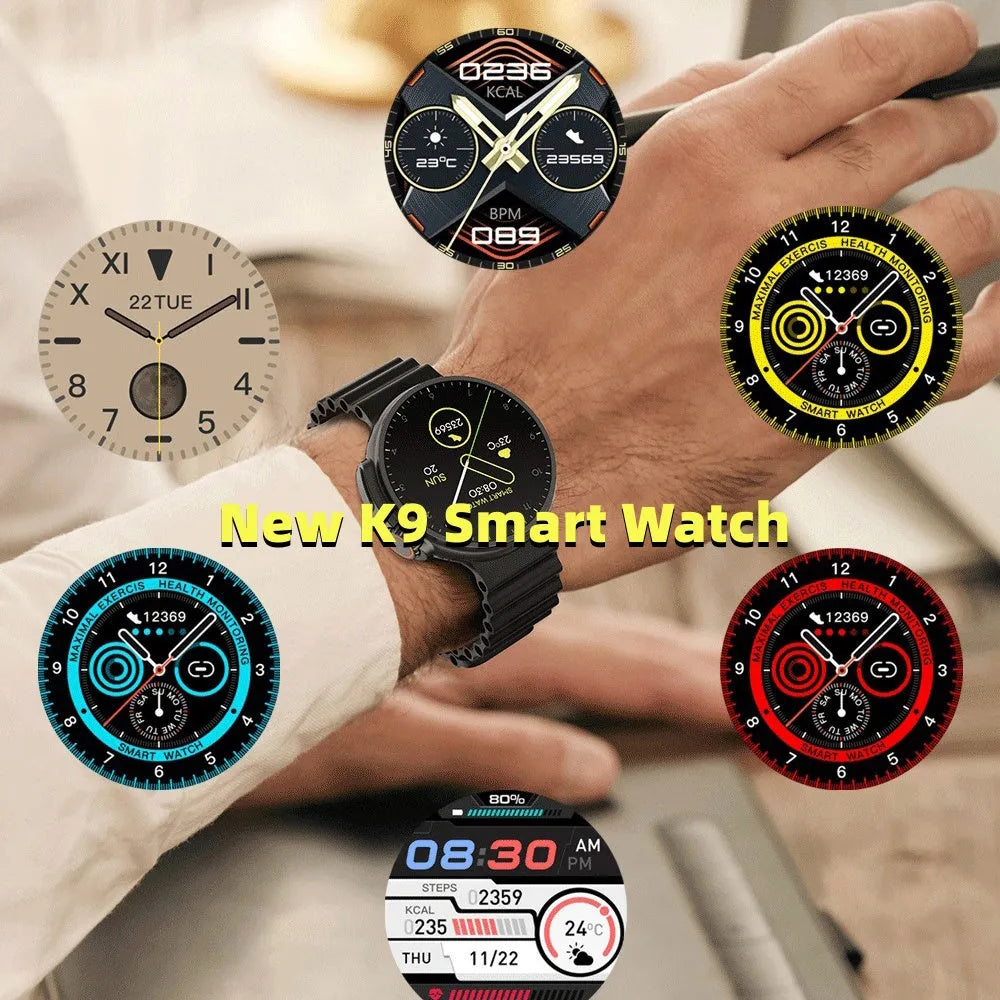 K9 Smart Watch with round screen on a silicone strap, shown in black, orange, silver brown, and yellow colour options.