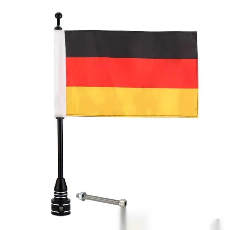 Motorcycle luggage box flagpole for mounting flags on panniers and tail boxes