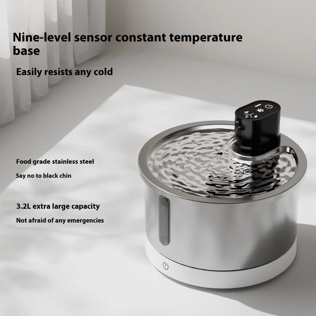 Stainless steel pet water fountain with constant temperature heating base