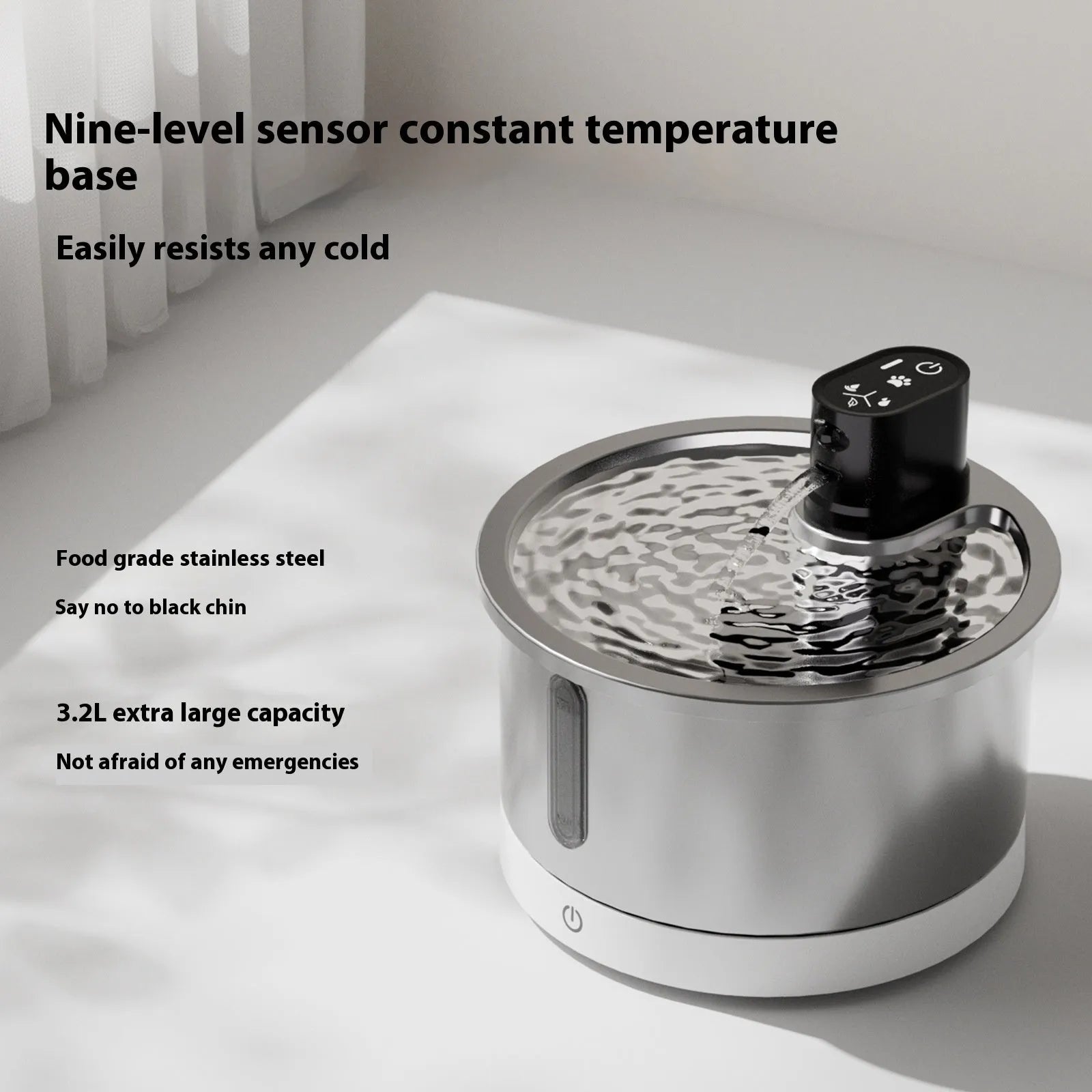 Stainless steel pet water fountain with constant temperature heating base