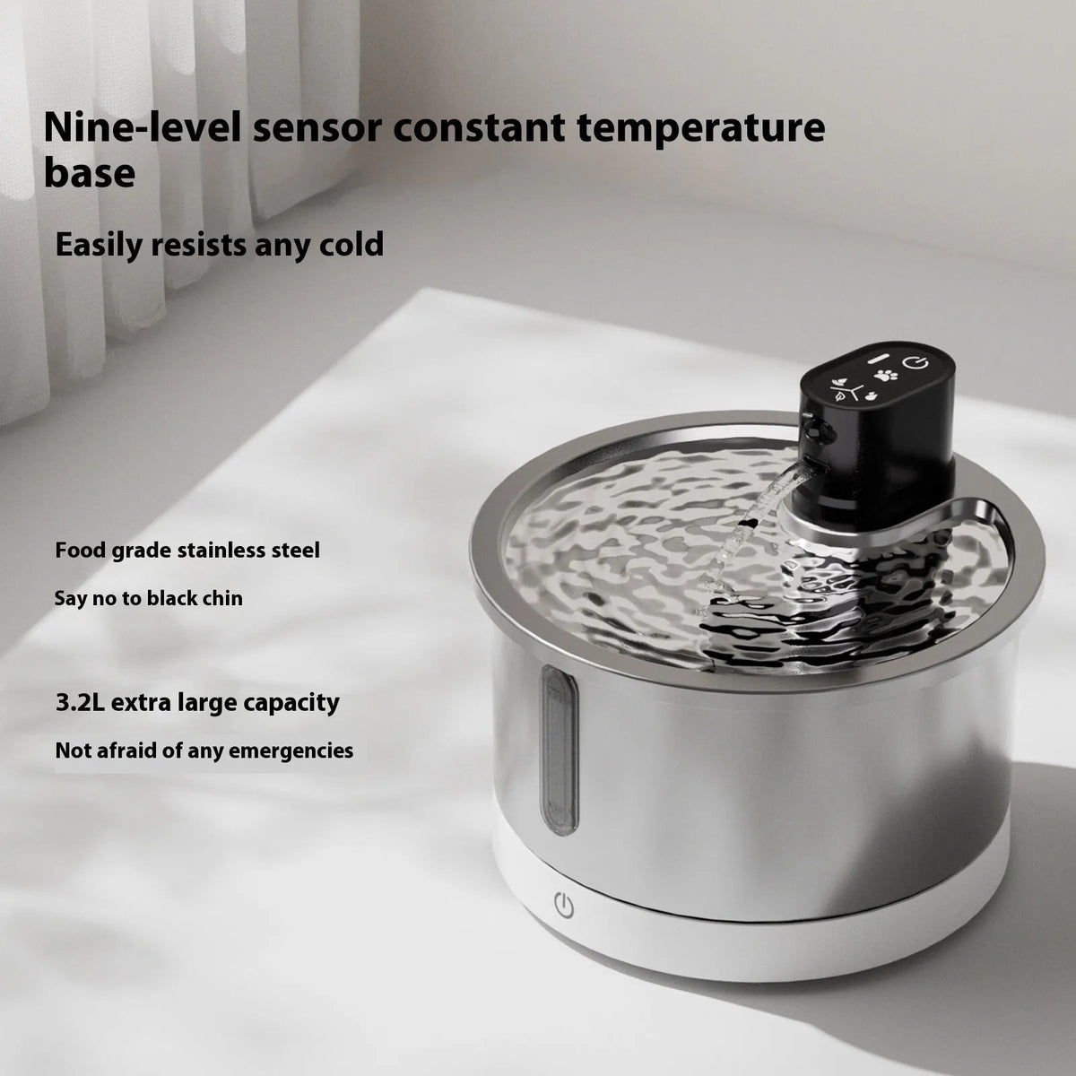 Stainless steel pet water fountain with temperature control base for cats and dogs