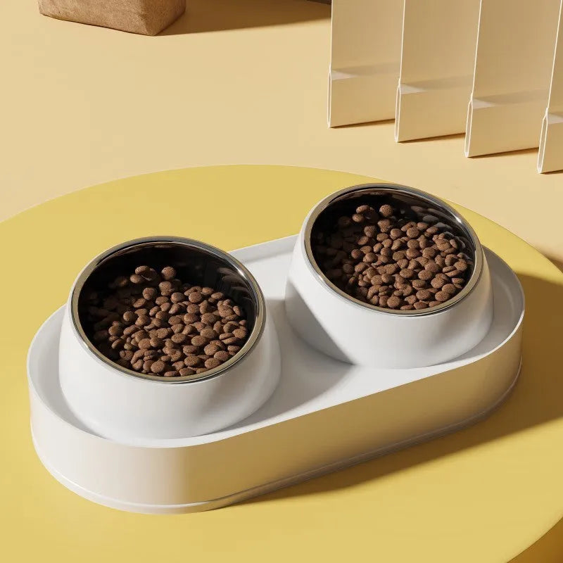 White elevated pet feeder with two tilted bowls on a separate rack, for cats and small dogs.