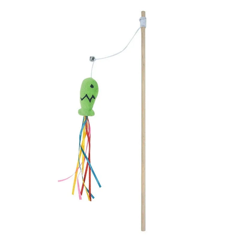 Colourful cat wand toy with ribbons, catnip fish, bell, and wooden handle.