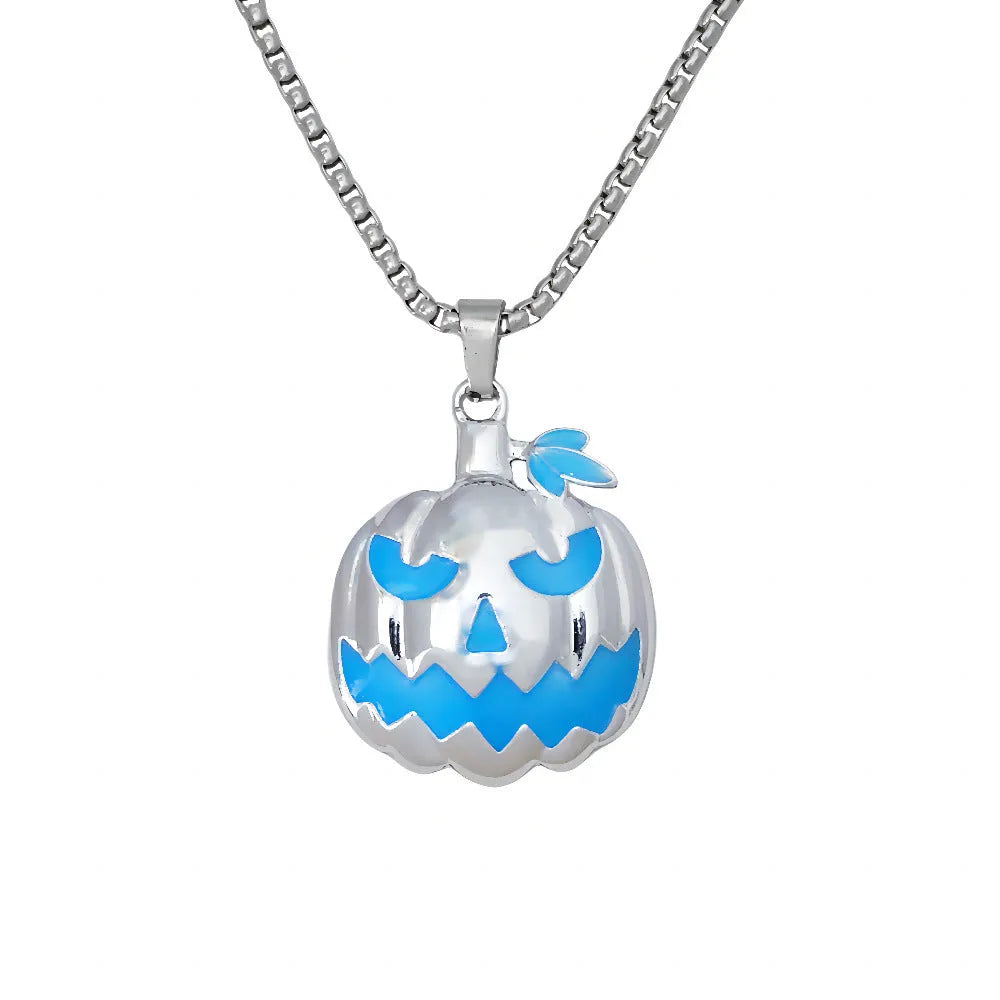 Luminous pumpkin pendant necklace with ghost face design glowing in the dark