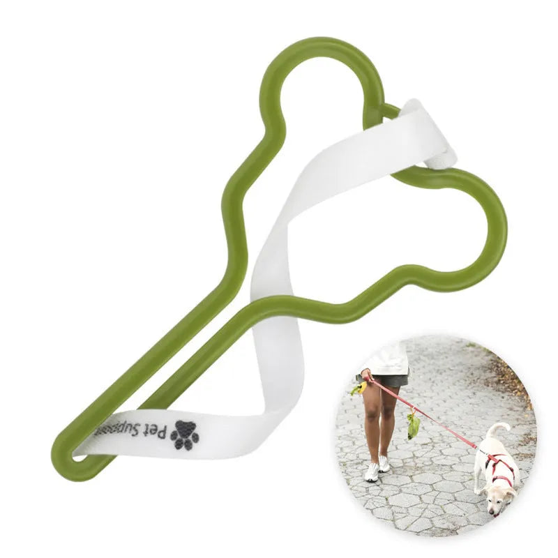 Dog waste bag holder with hands-free clip and Velcro strap attached to a dog leash