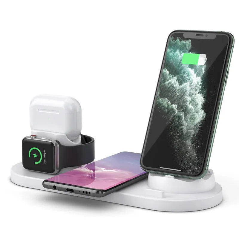 Black and white 6-in-1 wireless charging mobile phone holder showing adjustable stand and charging ports