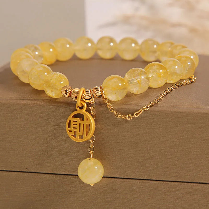 Natural stone citrine bracelet with Chinese character tassel on mixed material band