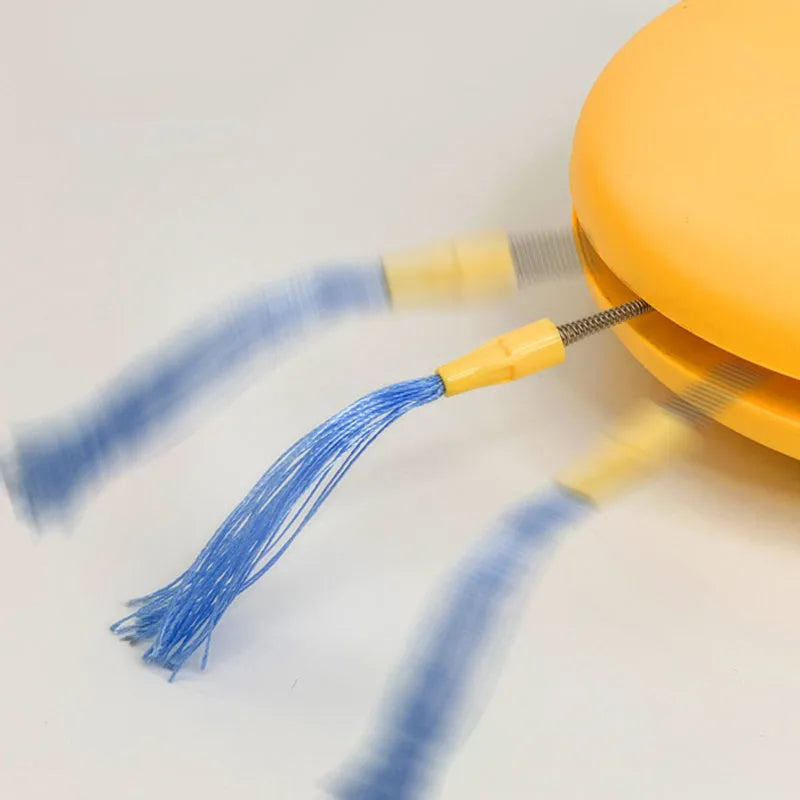 Electric robot laser cat toy with feather teasing stick, USB rechargeable, shown in Blue, Grey and Yellow