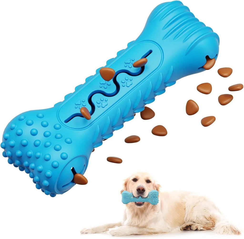 Blue natural rubber bone-shaped dog chew toy with textured surface for teeth cleaning