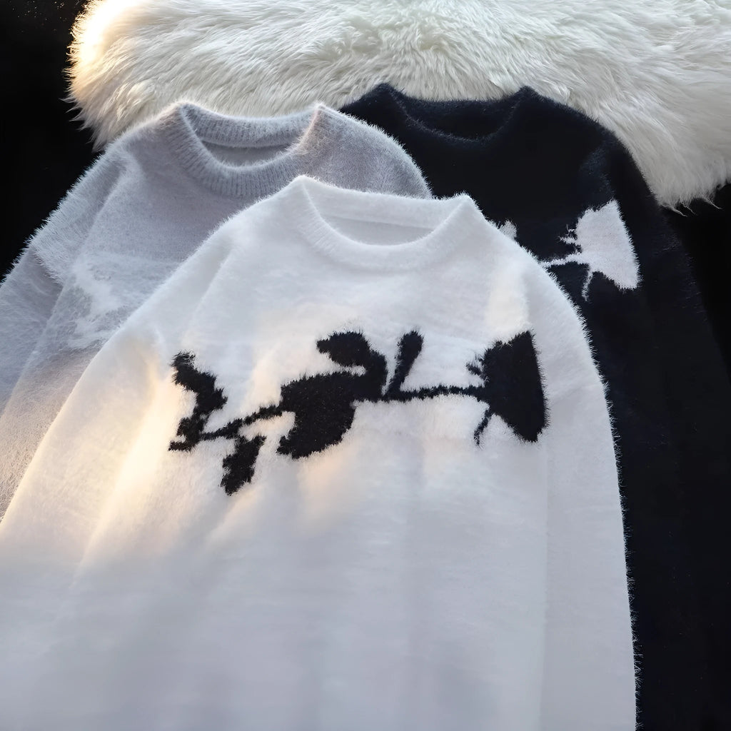 American dark rose flocking horse sweater for men, long sleeve cotton-polyester pullover in Black