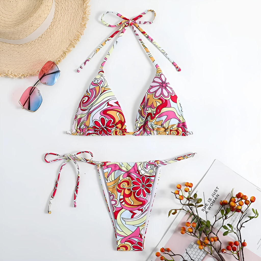 Multicolour geometric print triangle bikini set for women with adjustable neck strap.