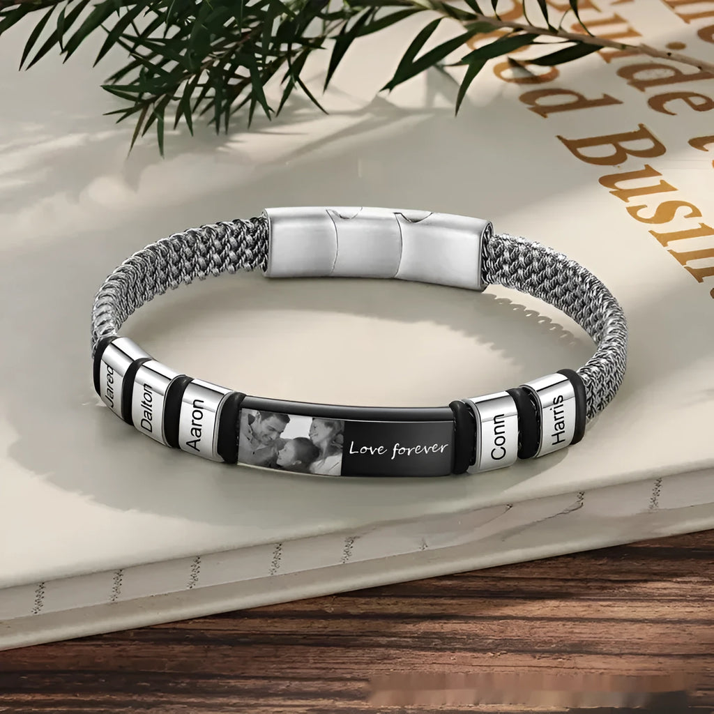 Men's stainless steel and leather rope lettering bracelet with heart shape design and multiple bead options