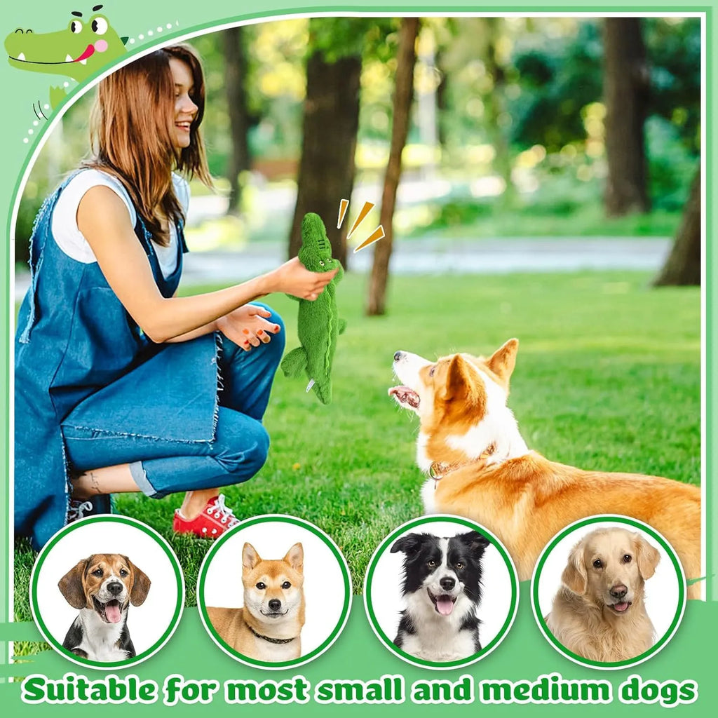 Green plush crocodile dog toy with no stuffing, featuring squeaker in head and crinkle paper in tail