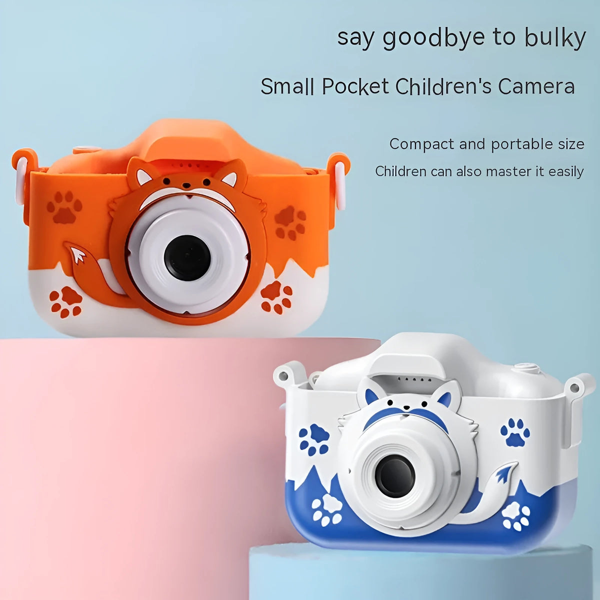 HD Cartoon Children's Digital Camera in blue or orange, showing compact size and included lanyard.