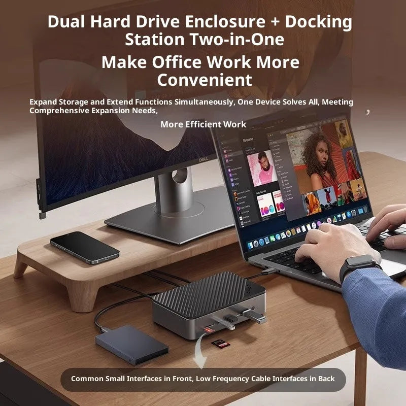 Black 8-in-1 M.2 hard disk box docking station with USB 3.2 expansion, aluminium alloy ABS body and 0.2m cable