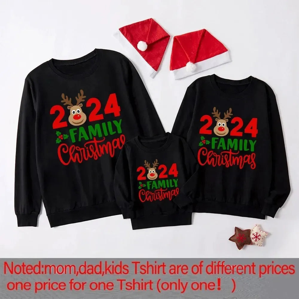 Christmas elk cartoon print family matching sweater in polyester with long sleeves and slim fit, Style A or Style B.