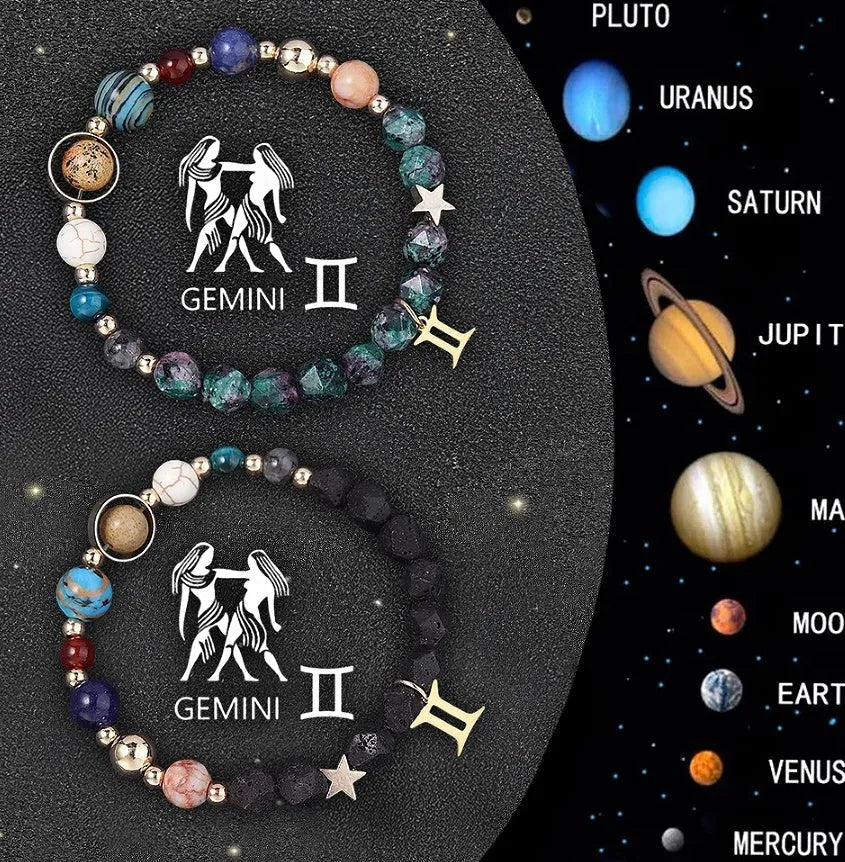 Two natural stone beaded bracelets with zodiac charms on adjustable closures