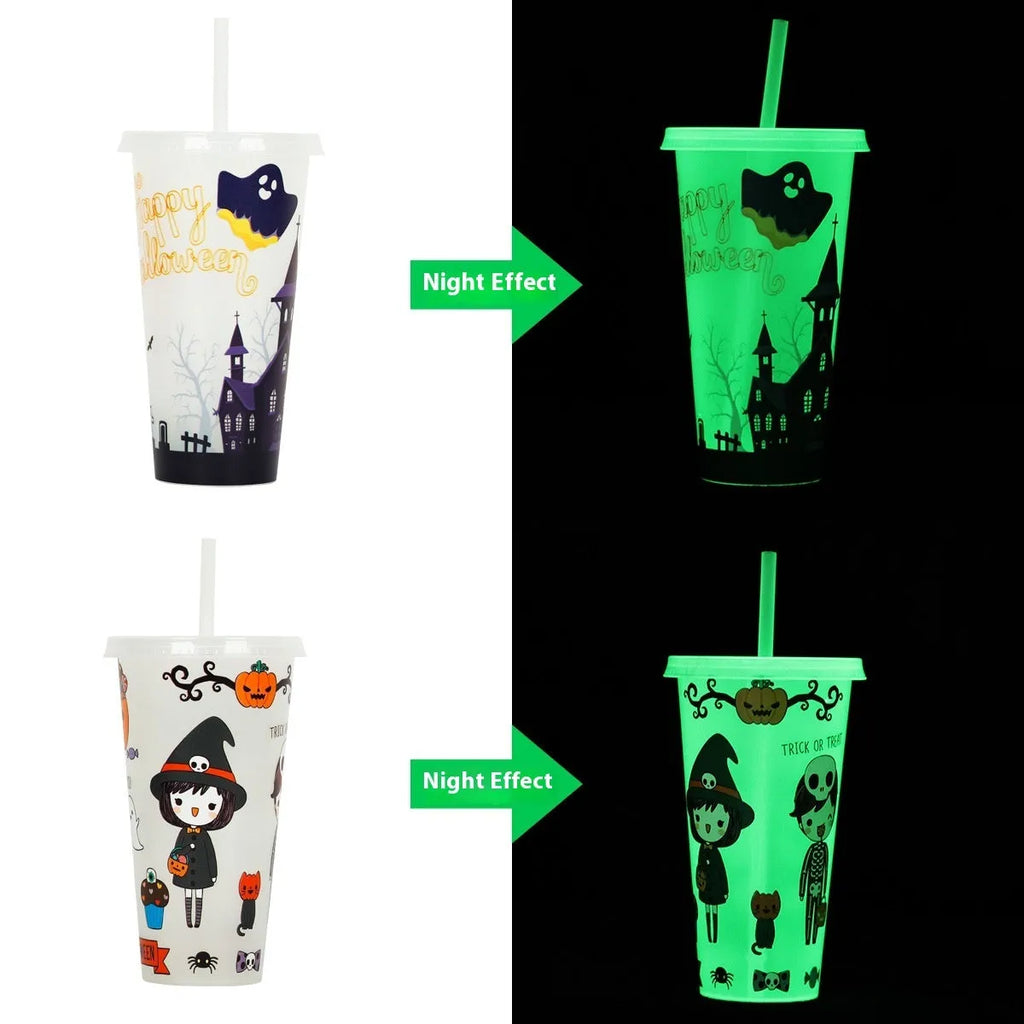 720ml Halloween plastic sippy cup with luminous straw showing cylindrical shape and six colour options