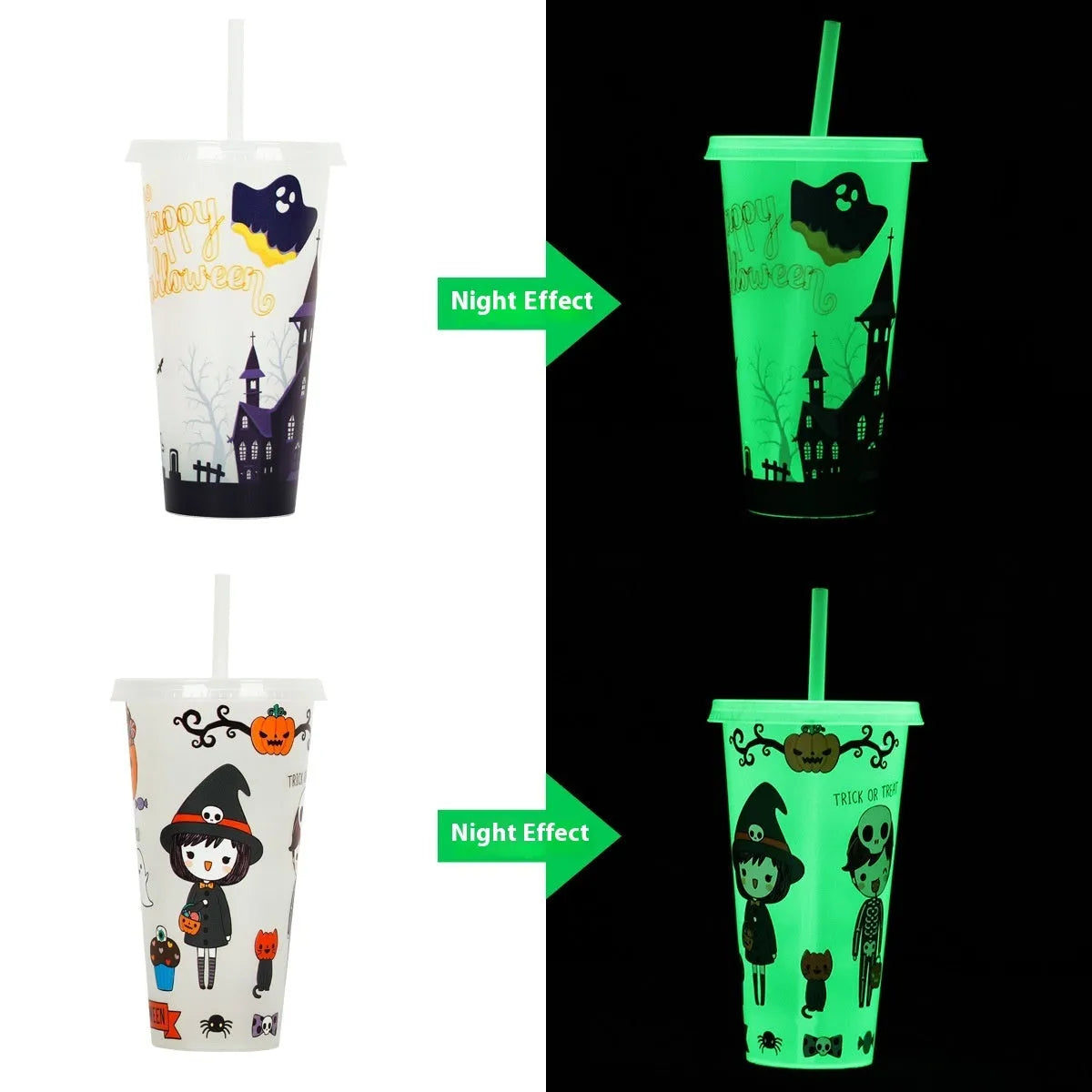 720ml Halloween plastic sippy cup with luminous straw showing cylindrical shape and six colour options
