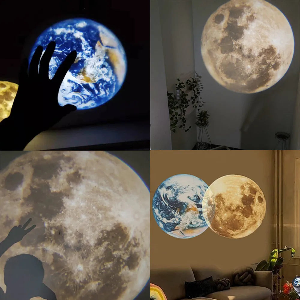 Earth and Moon projector lamp with flexible hose bracket on a table, showing USB cable