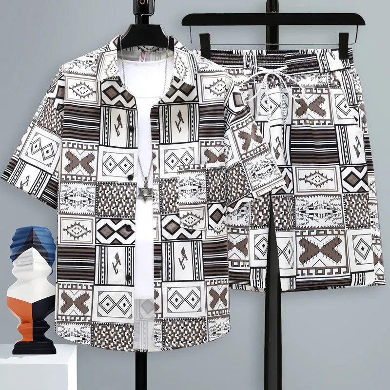 Men's casual polyester short sleeve top and matching shorts two-piece set on a hanger