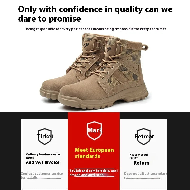 Khaki suede high-top safety combat boots with a steel toe cap and black rubber sole, shown with laces.