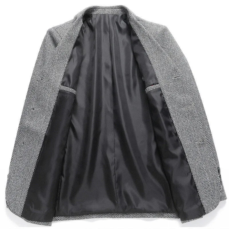 Men's loose fit solid colour wool-blend coat in black, shown on a model.