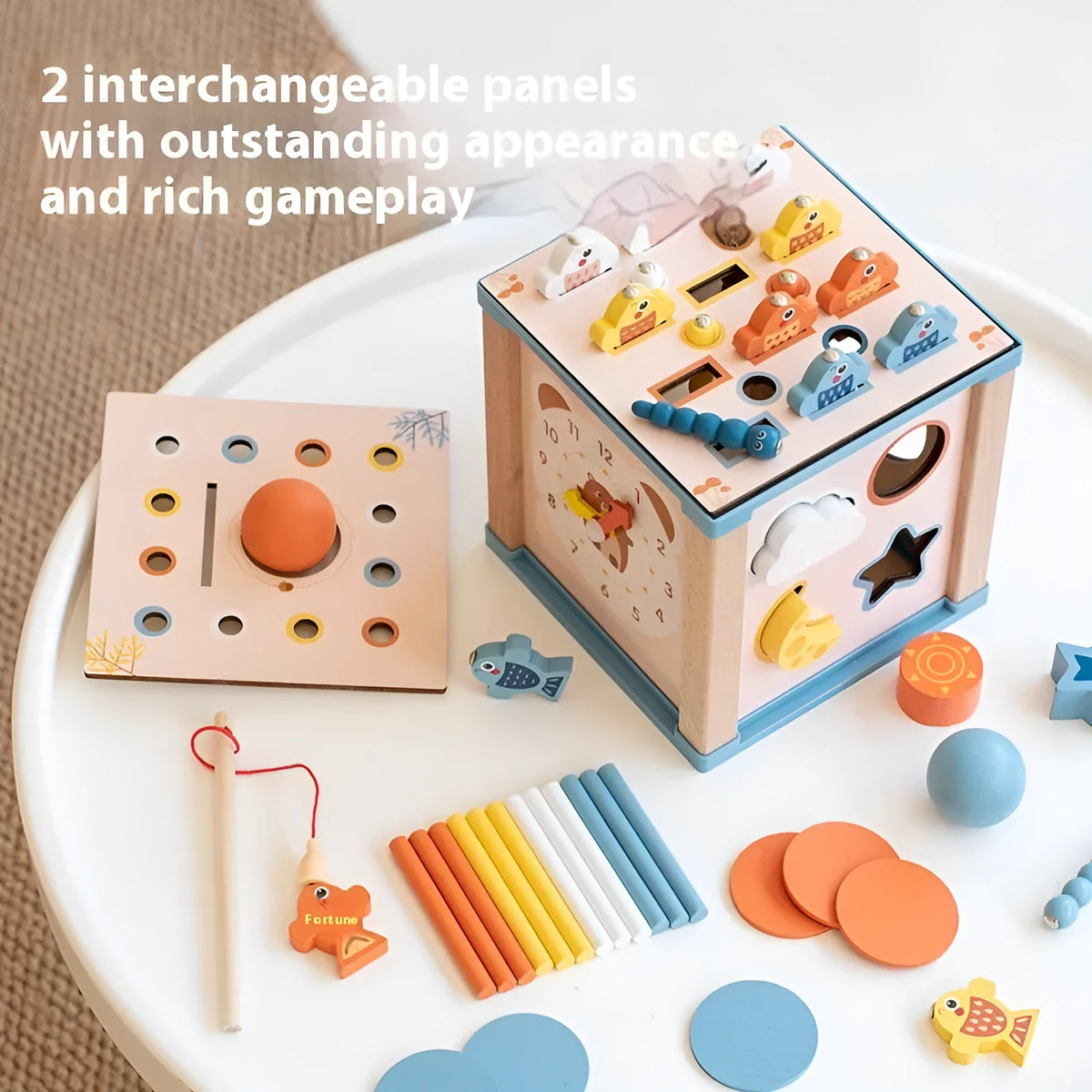 Wooden multifunctional building blocks treasure chest in Intelligence Box colour, 16.5cm cube for children aged 4-6