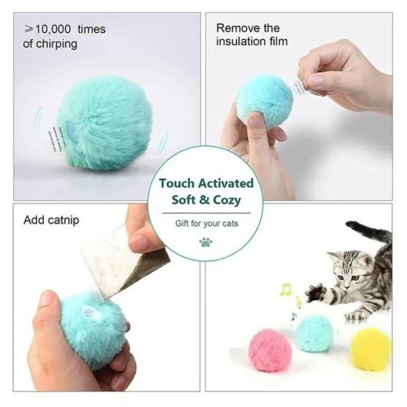 Colourful interactive cat toy ball with motion sensor and animal sounds, 55mm diameter