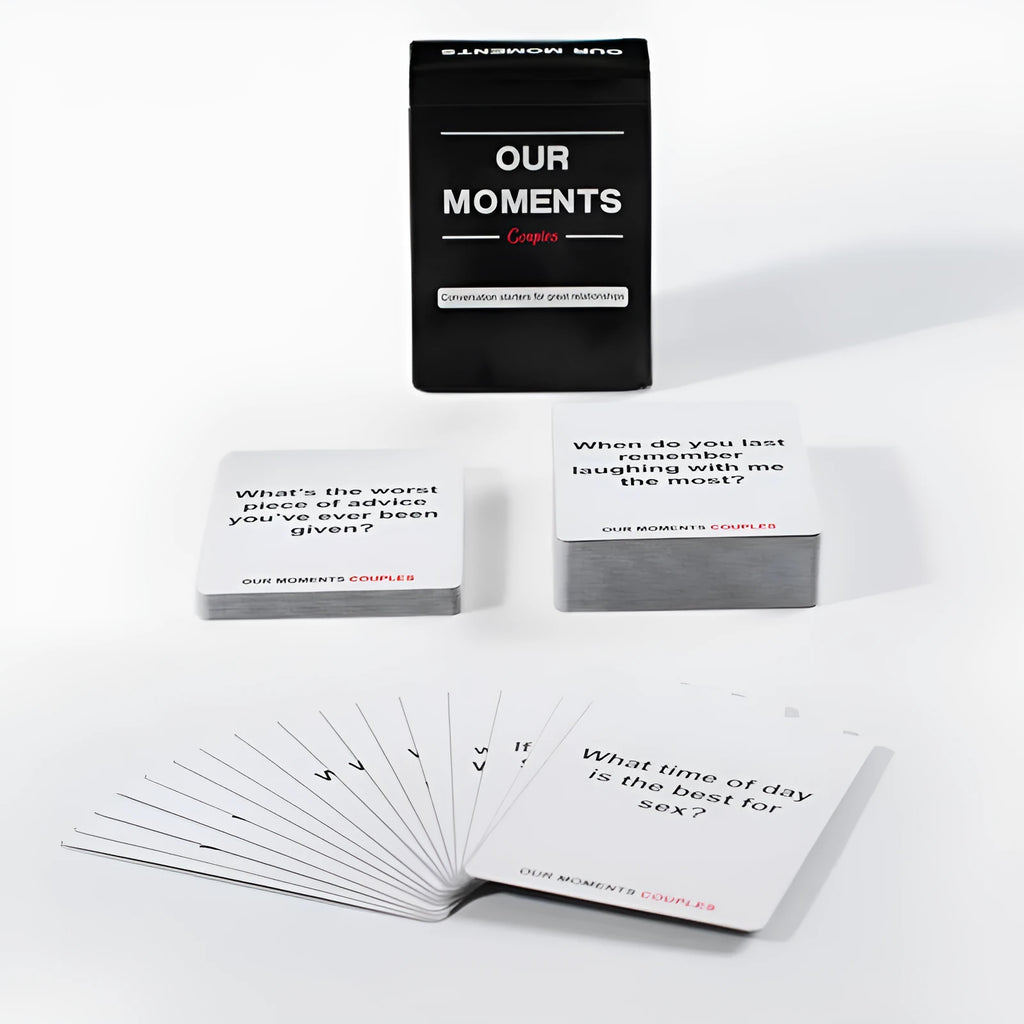 Our Time Lovers Edition black communication card set for couples with 30 coated paper cards measuring 9x6.5x3.5cm