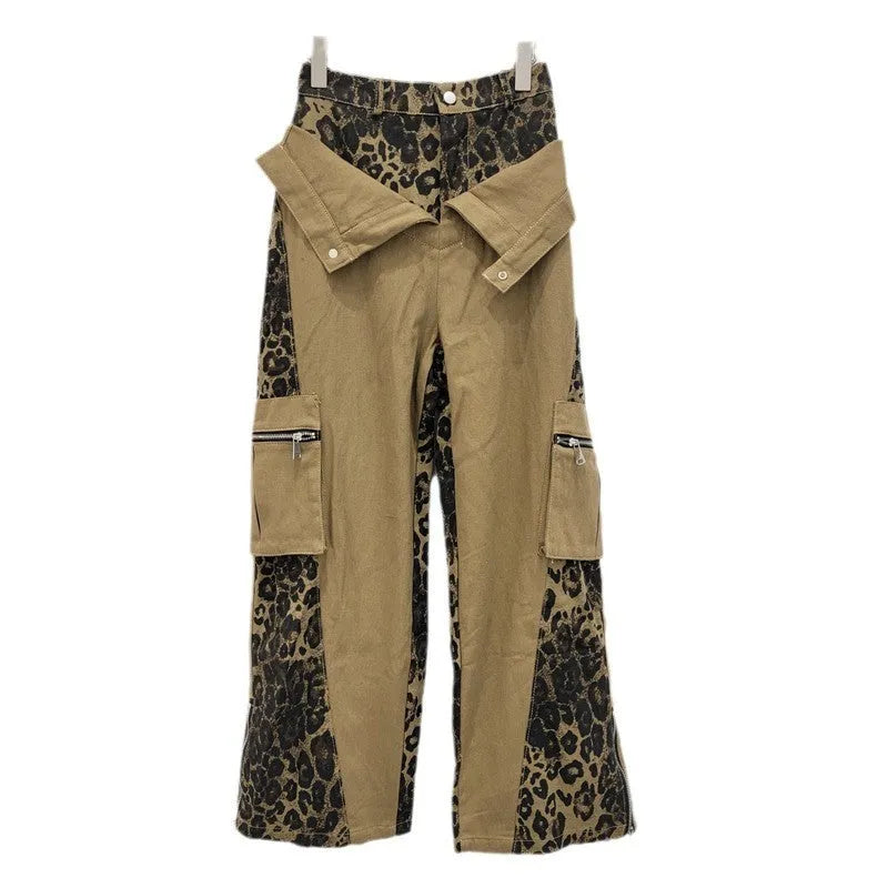 Dark khaki leopard print high waist jeans with fake stitching detail and straight leg cut