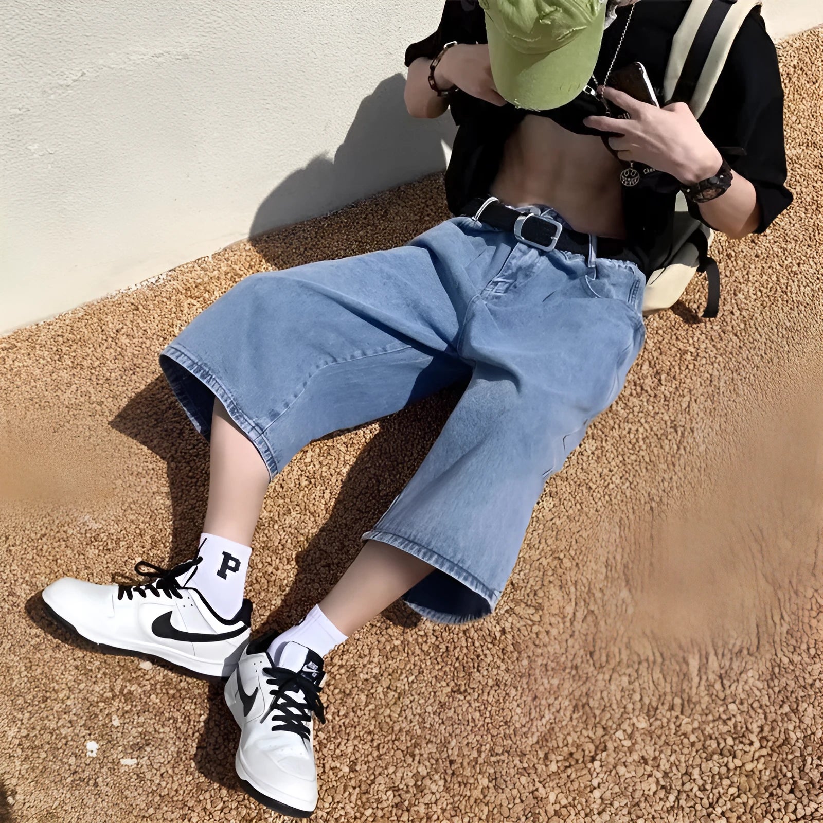 Men's blue washed denim pirate shorts with high waist and cropped straight leg