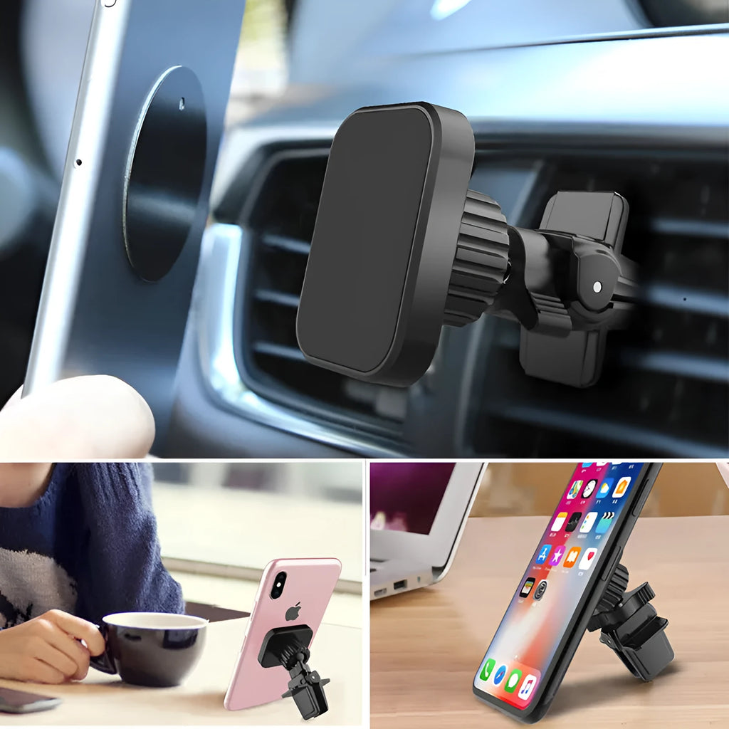 Black magnetic car phone holder attached to vehicle air vent