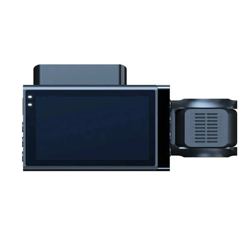 Black dashboard camera with 5-inch screen mounted on car windscreen