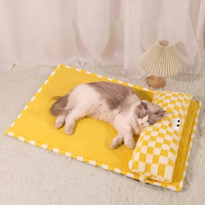 Grey and yellow pet nest cushion for cats and dogs shown in four different sizes.