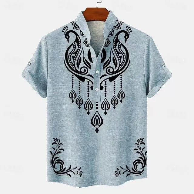 Men's loose fit striped casual shirt in polyester fabric showing personalised button detail