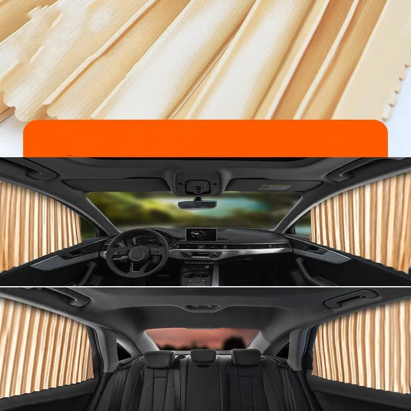 Retractable car sunshade curtain in thick opaque cloth with roller shutter mechanism