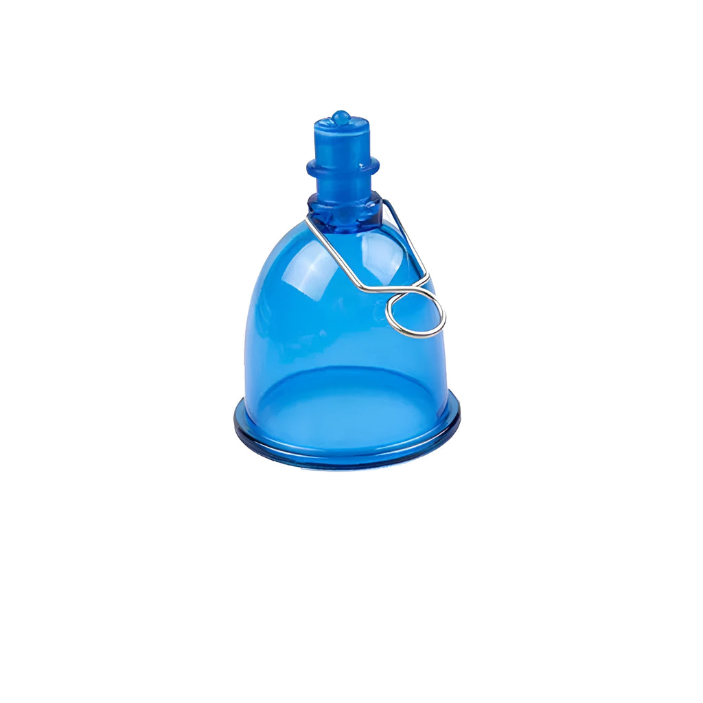 Blue silicone male masturbator cup for physical stretch exercise, shown in small, medium, and large sizes.