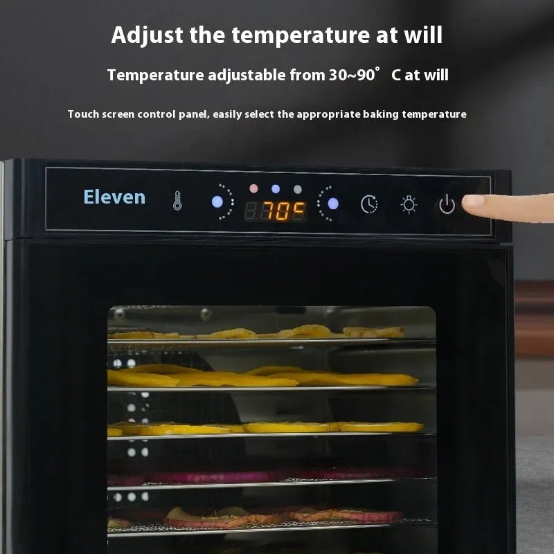 Stainless steel fruit dehydrator with visual skylight window showing drying trays inside