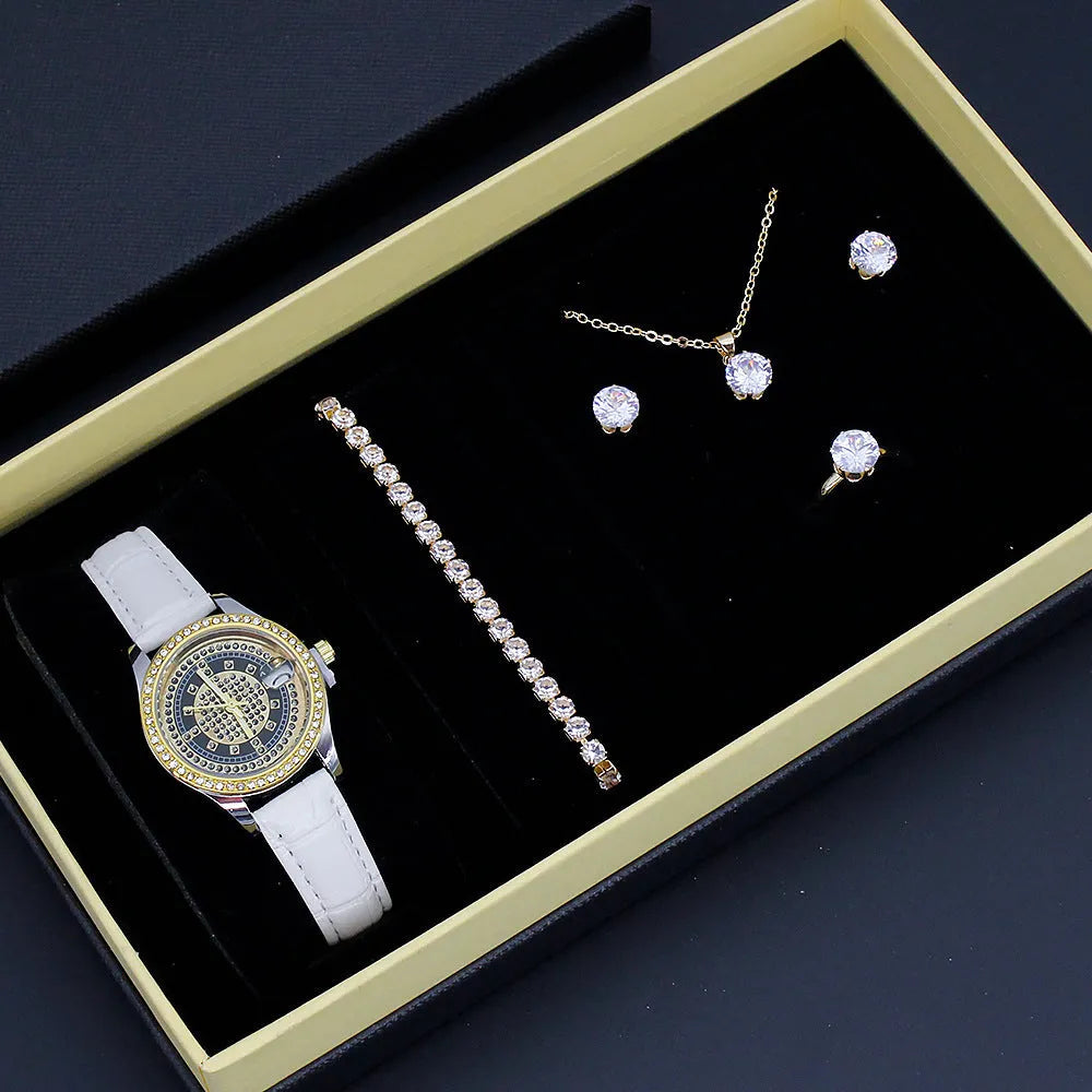 Ladies watch jewellery set gift box with white face white strap watch, bracelet, necklace, stud earrings, and ring