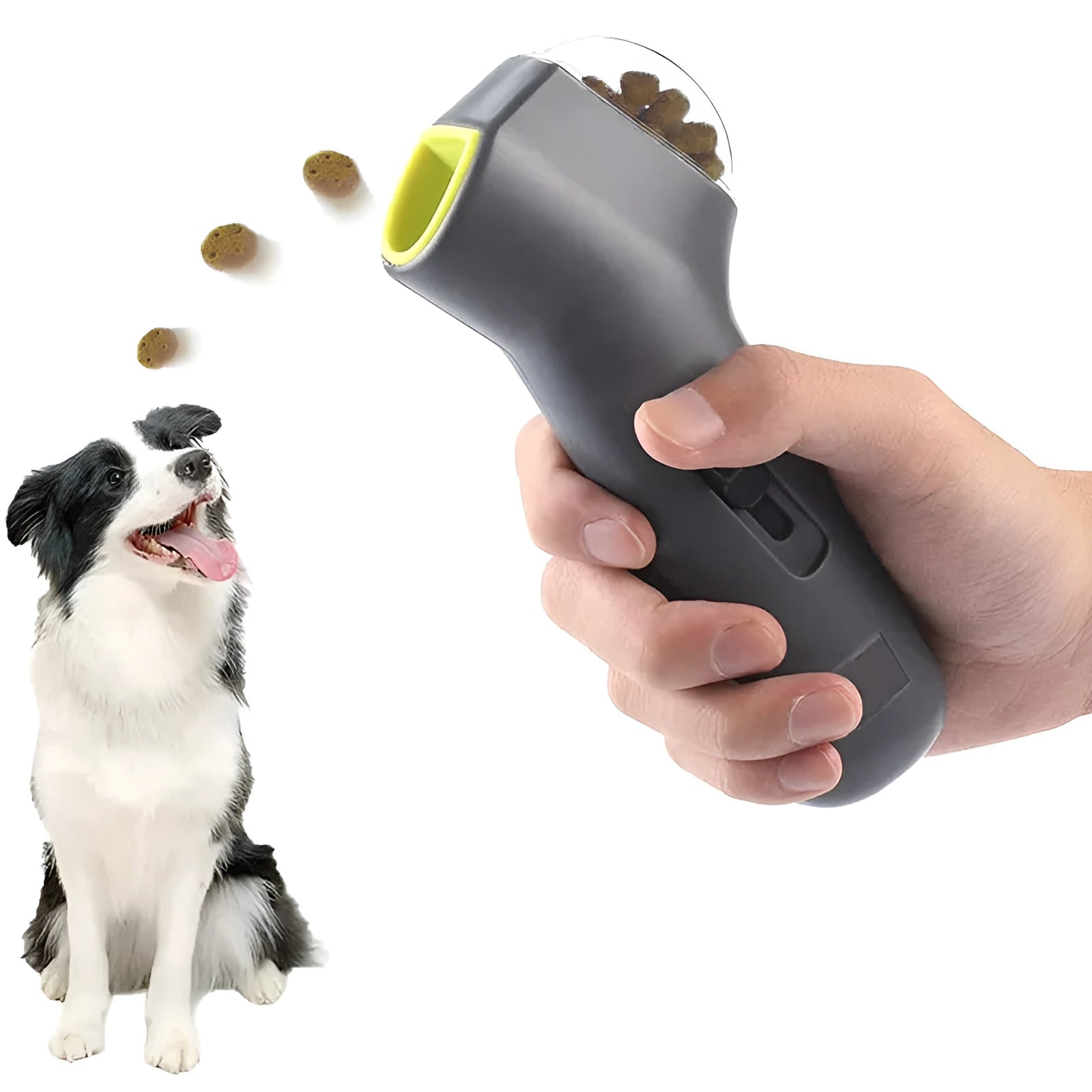 Grey pet snack catapult launcher toy measuring 18cm with comfortable grip handle