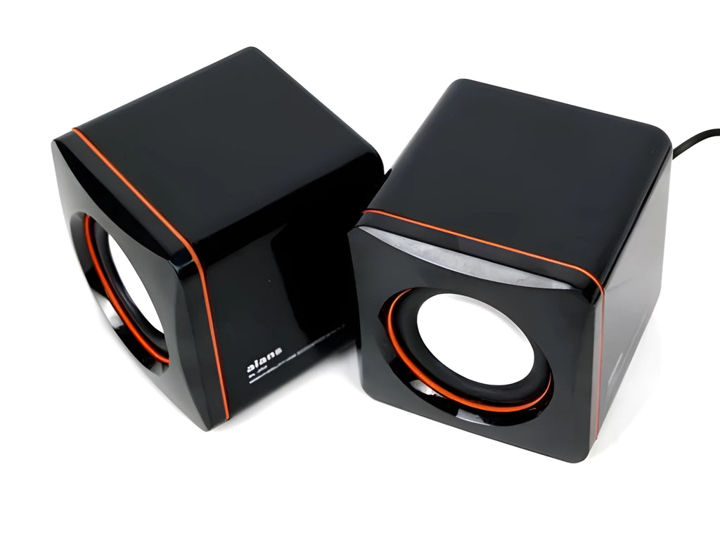 Small black square 2.0 computer speaker with USB power cable for desktop and laptop use.