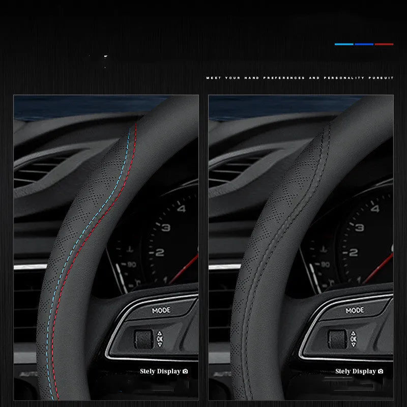 Black universal car steering wheel cover with stitch detailing, shown fitted on a 38cm wheel.